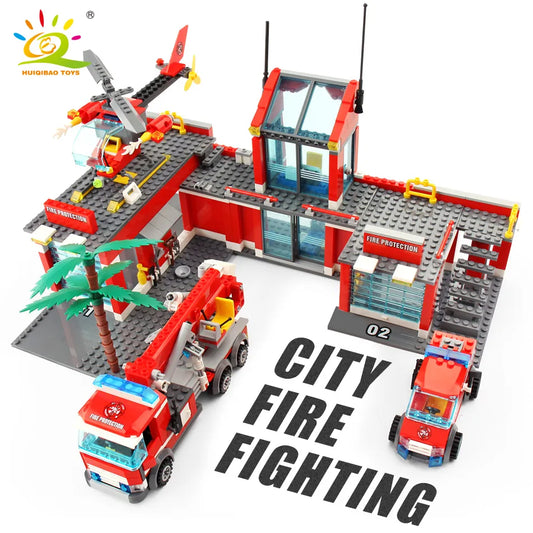 HUIQIBAO 774pcs Fire Station Model Building Blocks Truck Helicopter