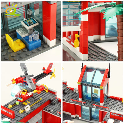 HUIQIBAO 774pcs Fire Station Model Building Blocks Truck Helicopter