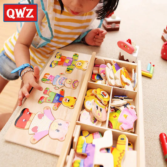 QWZ Little Bear Change Clothes Children's Early Education Wooden