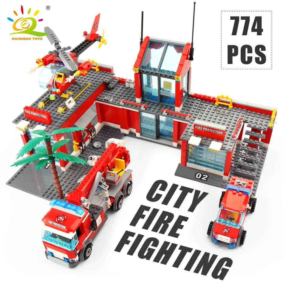 HUIQIBAO 774pcs Fire Station Model Building Blocks Truck Helicopter