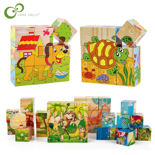 Free Shipping Children Wooden Cartoon Animal Puzzle Toys 6 Sides