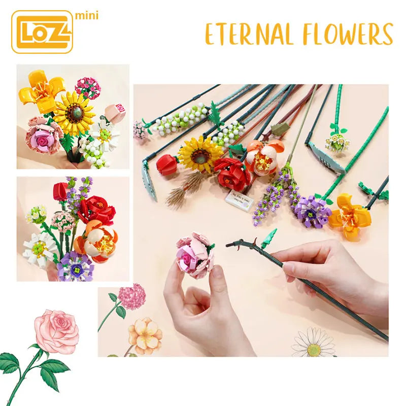 LOZ mini small particle bouquet building blocks rose sunflower lily