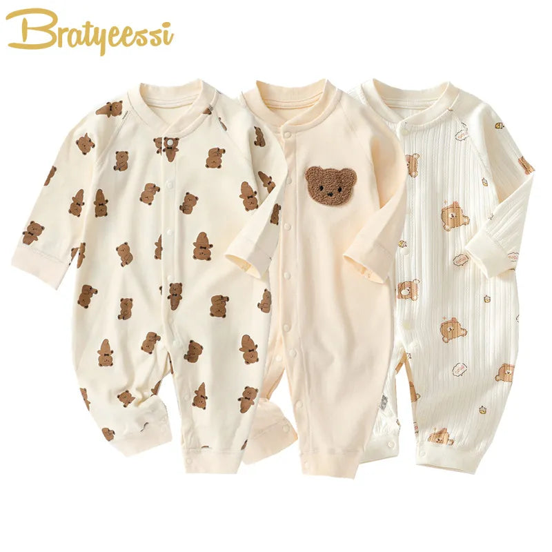 Muslin Newborn Jumpsuit Cartoon Bear Long Sleeves Baby Rompers for