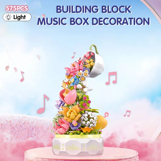 575PCS Teacup Flower Lighting Music Box Building Blocks Waterfall