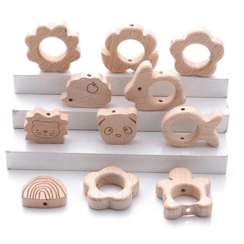 10Pcs Beach Wood Baby Beads Animal Shape Wooden Newborn Teething Ring