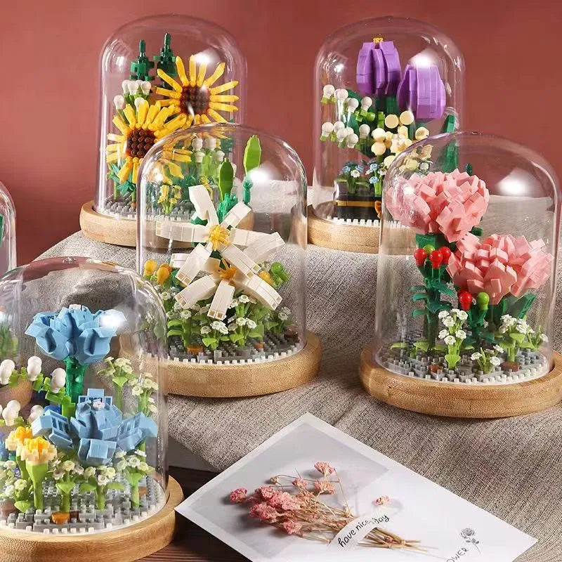 Sunflower In Glass Cove Dome Rose Bouquet Building Blocks DIY