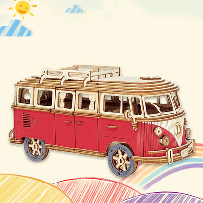 Retro Bus European-style Campervan 3D Wooden Car Puzzle DIY Sailing