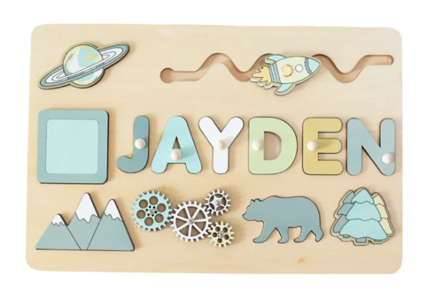 Name Puzzle Wood Personalize for Kids Hand Grab Board Supports