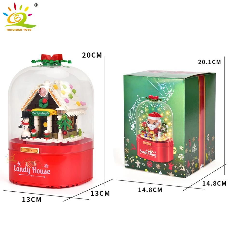 HUIQIBAO Pink Christmas Tree Series Music Box Building Blocks Santa