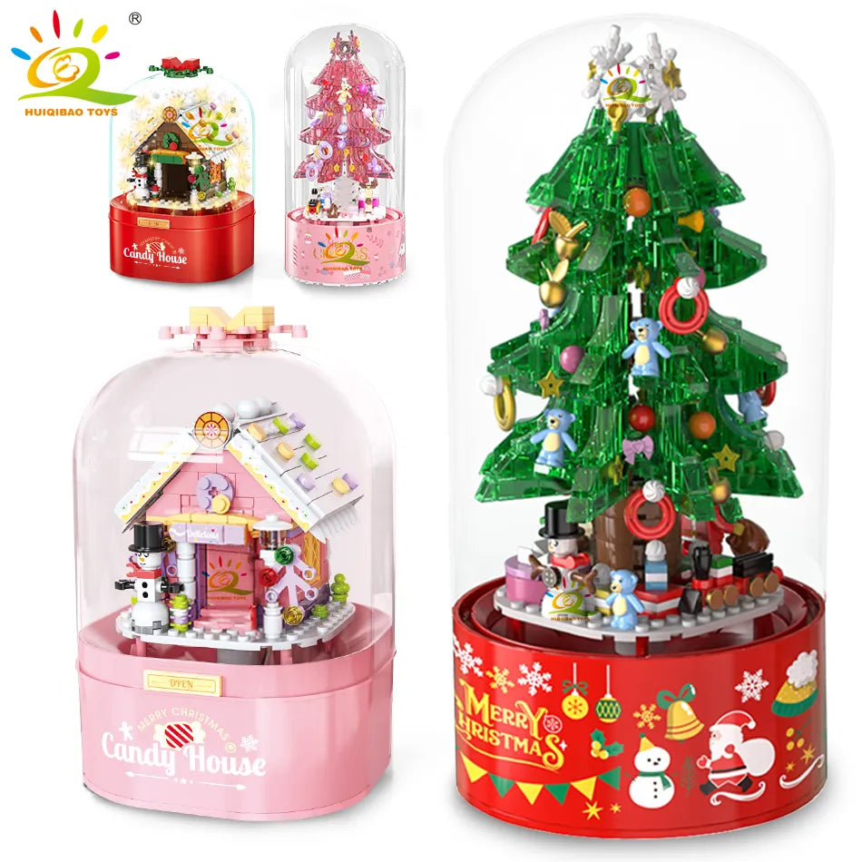 HUIQIBAO Pink Christmas Tree Series Music Box Building Blocks Santa