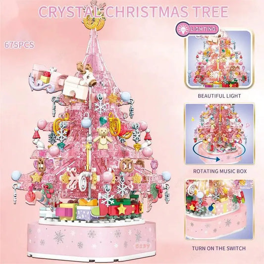 675PCS Crystal Christmas Tree Building Blocks Romantic Pink Music Box