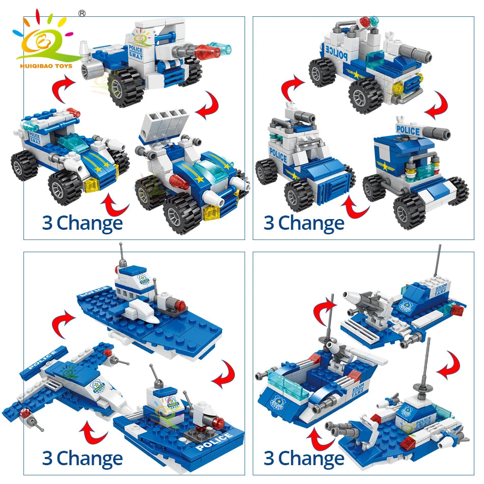 HUIQIBAO 700PCS 8in1 City Police Command Trucks Building Blocks