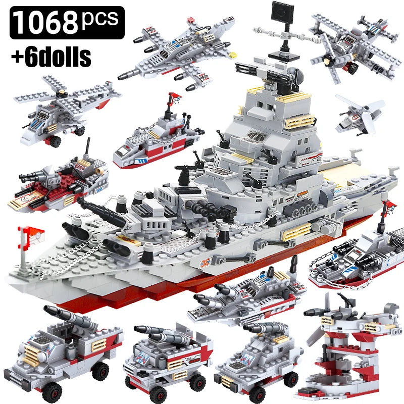 Navy War Chariot Ship Army Boat Plane Model Warships Building Blocks