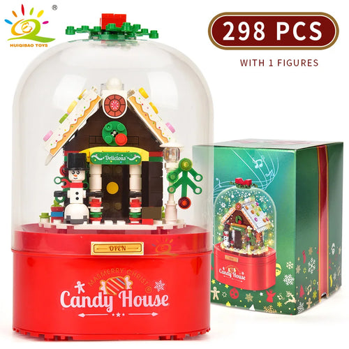 HUIQIBAO Pink Christmas Tree Series Music Box Building Blocks Santa