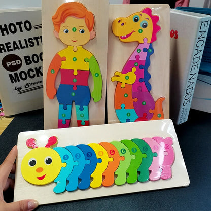 Rectangle Wooden Puzzle for Kids, Animals Vehicles Pattern Colorful