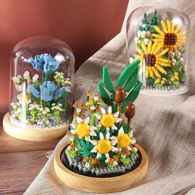 Sunflower In Glass Cove Dome Rose Bouquet Building Blocks DIY