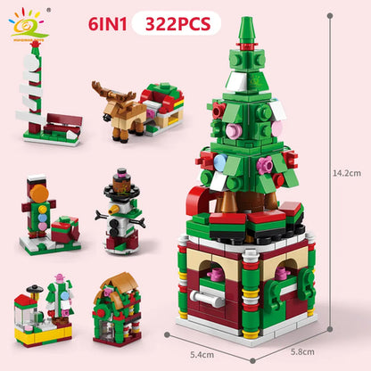 HUIQIBAO 6IN1 Christmas Elk Deer Santa Claus Building Blocks City Snow