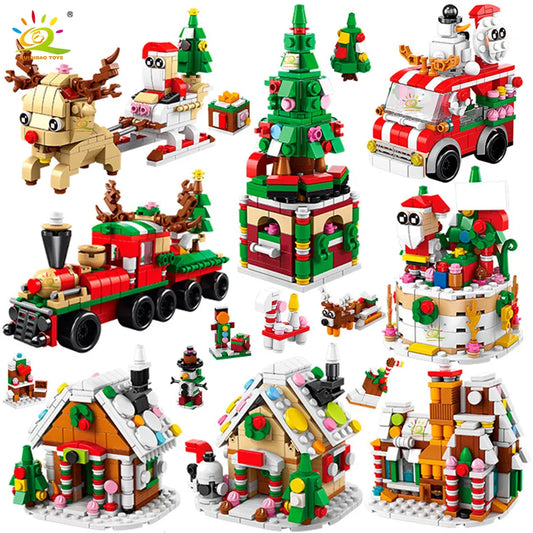 HUIQIBAO 6IN1 Christmas Elk Deer Santa Claus Building Blocks City Snow