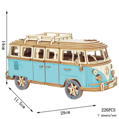 Retro Bus European-style Campervan 3D Wooden Car Puzzle DIY Sailing