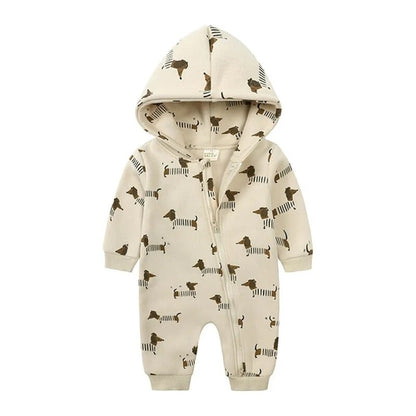 Cartoon Print Baby Girl Romper Long Sleeve Hooded Zipper Newborn