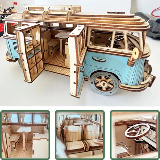 Retro Bus European-style Campervan 3D Wooden Car Puzzle DIY Sailing