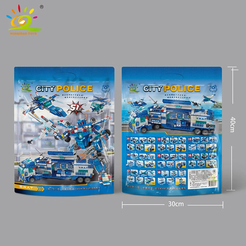 HUIQIBAO 700PCS 8in1 City Police Command Trucks Building Blocks