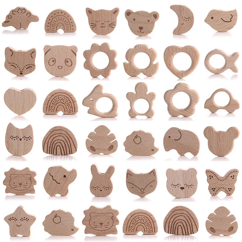 10Pcs Beach Wood Baby Beads Animal Shape Wooden Newborn Teething Ring