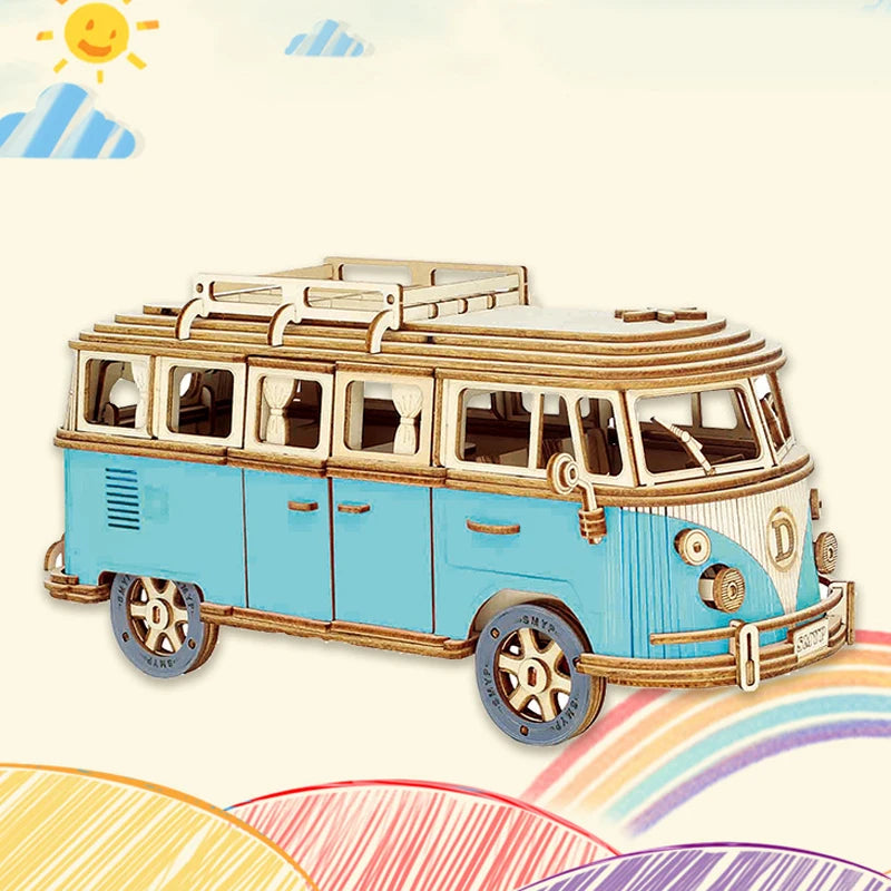 Retro Bus European-style Campervan 3D Wooden Car Puzzle DIY Sailing