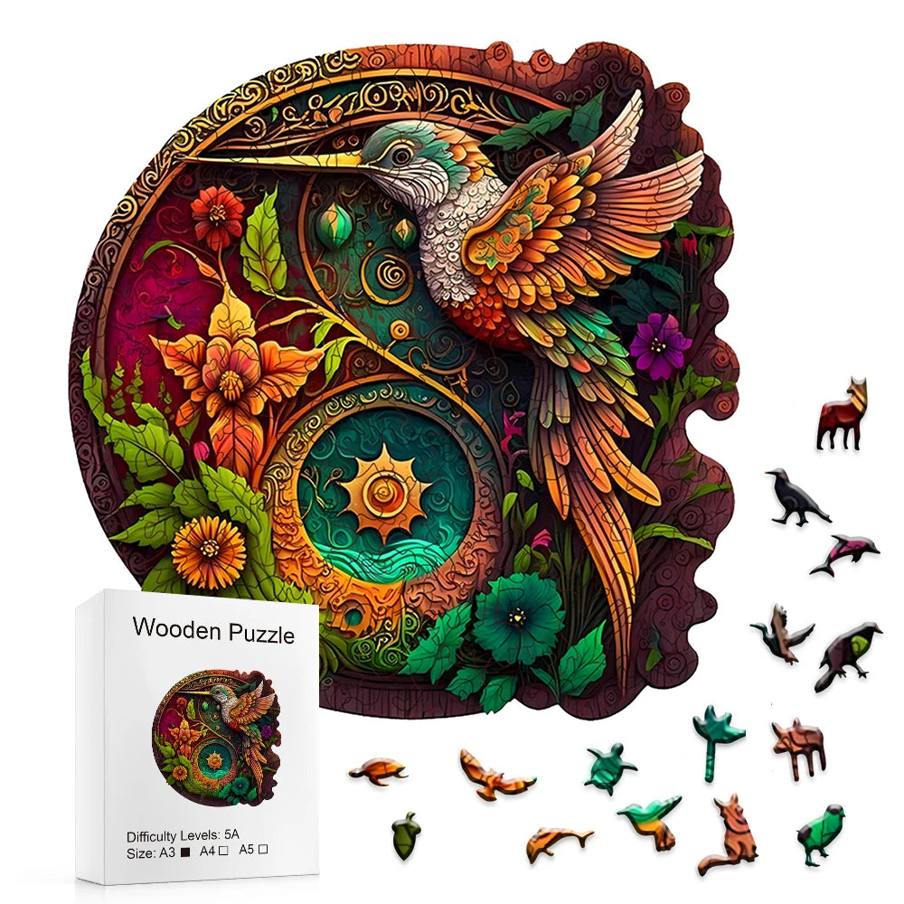 Hummingbird Disc Wooden Colorful Jigsaw Puzzle, Alien Shape Animal