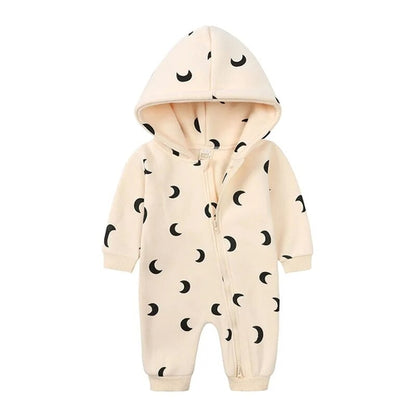 Cartoon Print Baby Girl Romper Long Sleeve Hooded Zipper Newborn