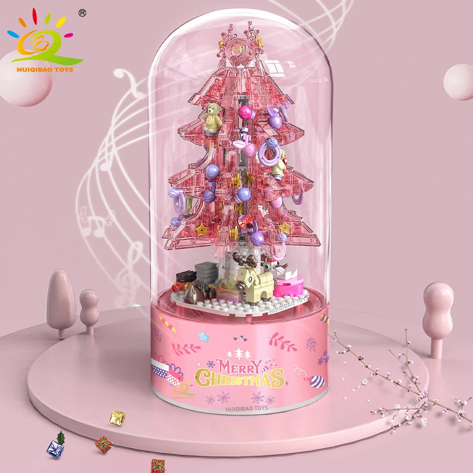 HUIQIBAO Pink Christmas Tree Series Music Box Building Blocks Santa