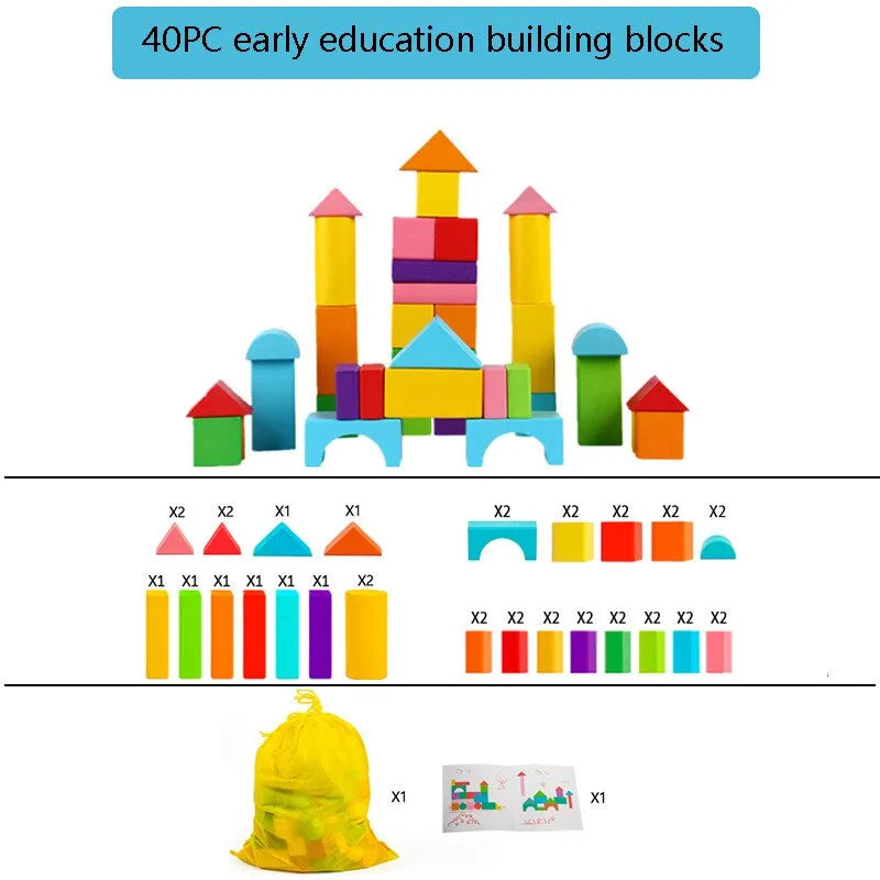 40pcs/Sets Large Safe Wooden Building Blocks Early Educational Blocks