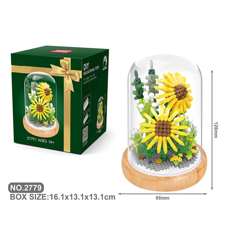 Sunflower In Glass Cove Dome Rose Bouquet Building Blocks DIY