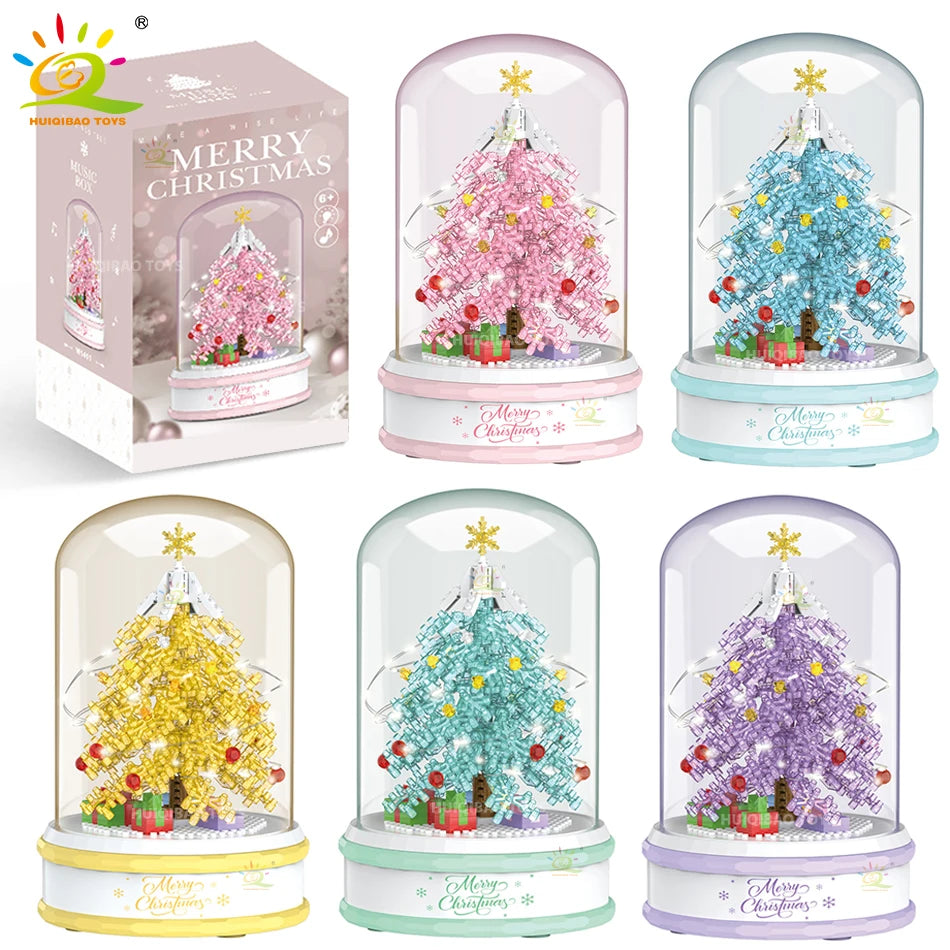 HUIQIBAO Ideas Christmas Tree Music Box Micro Building Blocks Pink