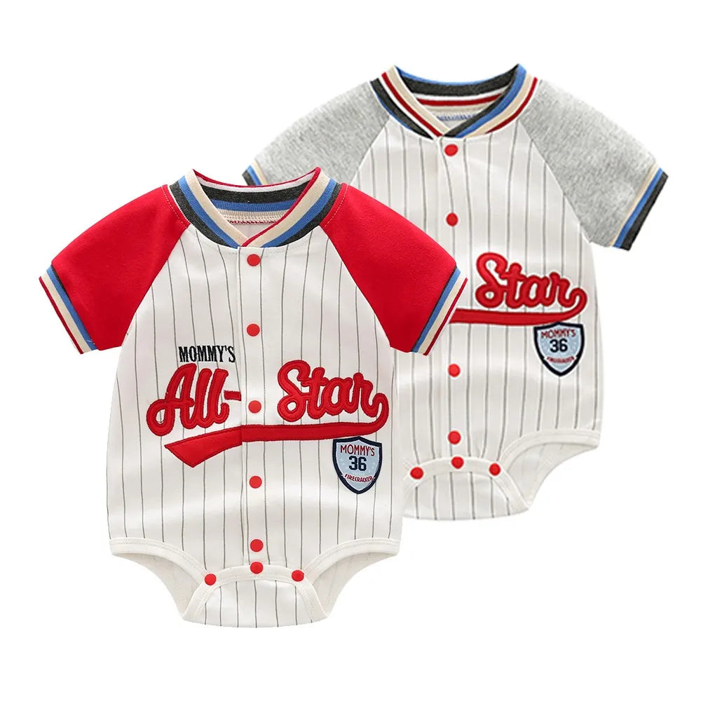 Newborn Infant Color Block Baseball Romper Short Sleeve Stripe Letter