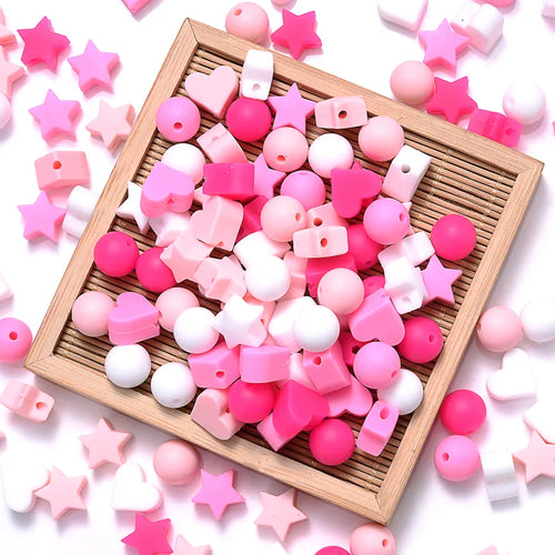 50Pcs Mix Style Silicone Beads Baby Heart Star Shape Nuring Teething