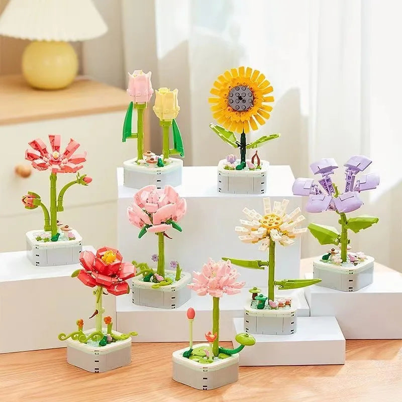 Bouquet Building Block Set Plant Potted Bricks Toys Sunflower Rose