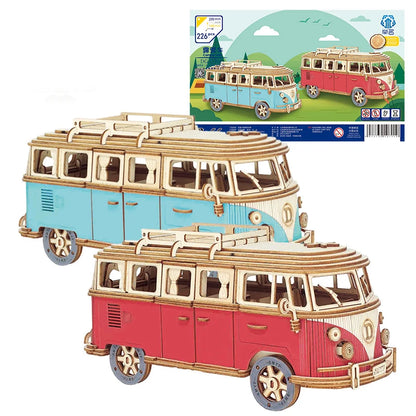 Retro Bus European-style Campervan 3D Wooden Car Puzzle DIY Sailing