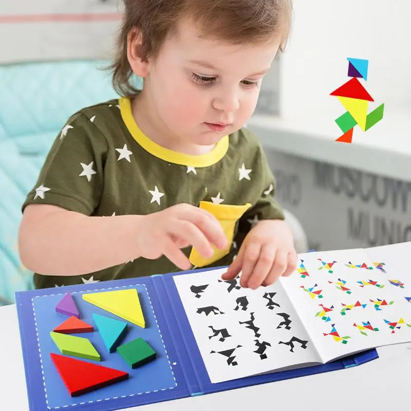 Wooden Jigsaw Magnetic Tangram Puzzle Book Educational Toys For