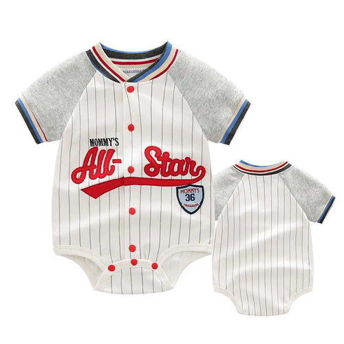 Newborn Infant Color Block Baseball Romper Short Sleeve Stripe Letter