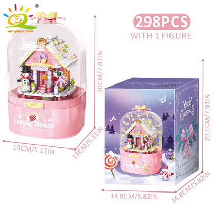 HUIQIBAO Pink Christmas Tree Series Music Box Building Blocks Santa