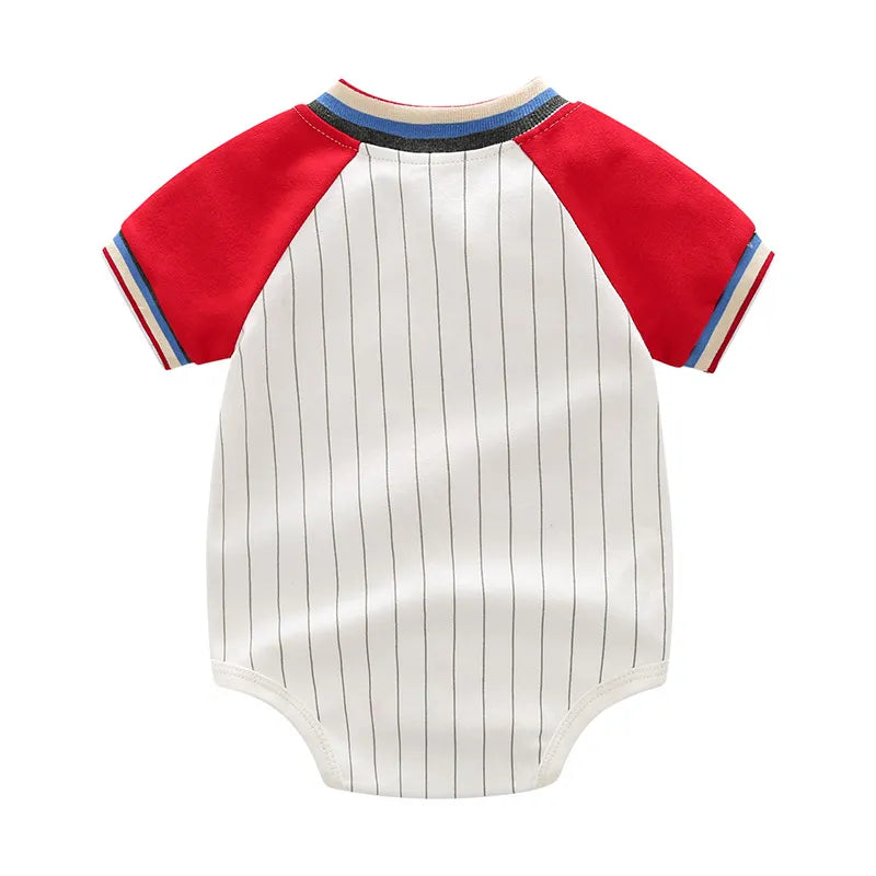 Newborn Infant Color Block Baseball Romper Short Sleeve Stripe Letter