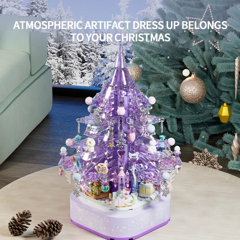 729PCS Purple Christmas Tree Music Box Building Blocks Dreamy Crystal