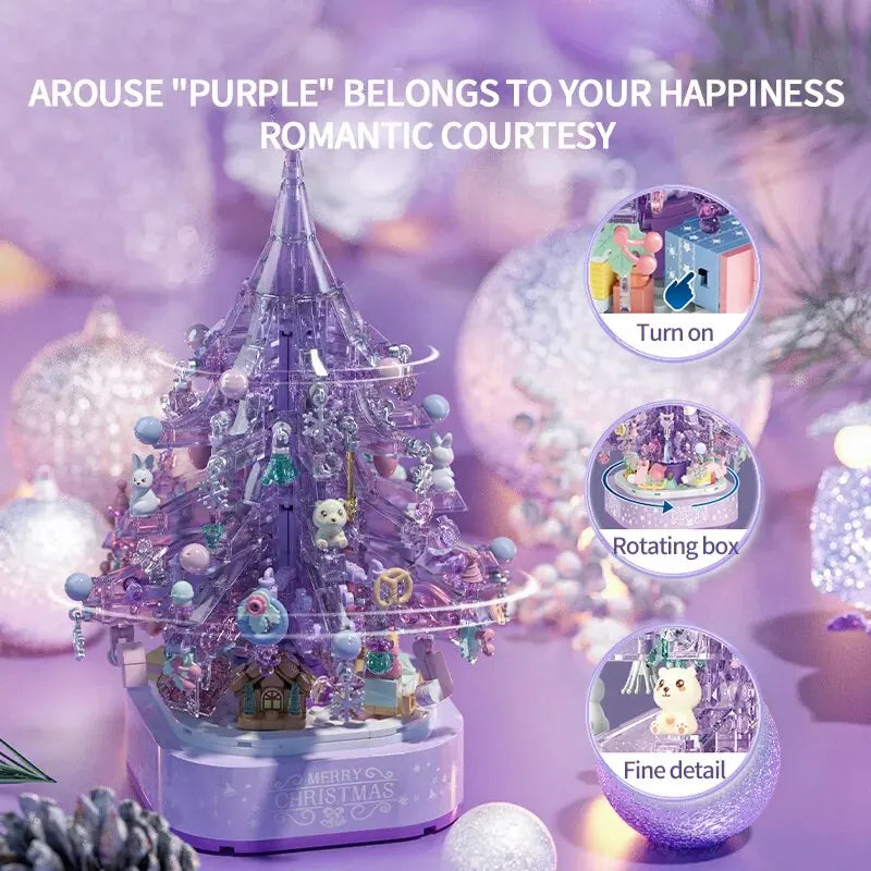 729PCS Purple Crystal Christmas Tree Music Box Building Blocks Kits