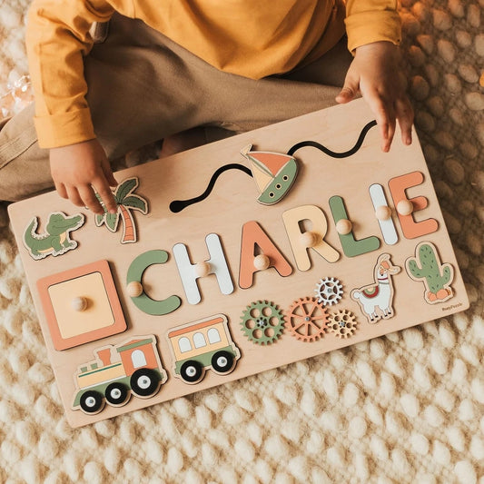 Name Puzzle Wood Personalize for Kids Hand Grab Board Supports