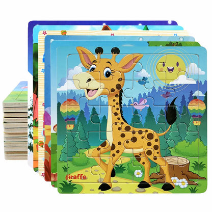 20piece Wooden Puzzle Cartoon Animals Car Letter Number Pattern Jigsaw