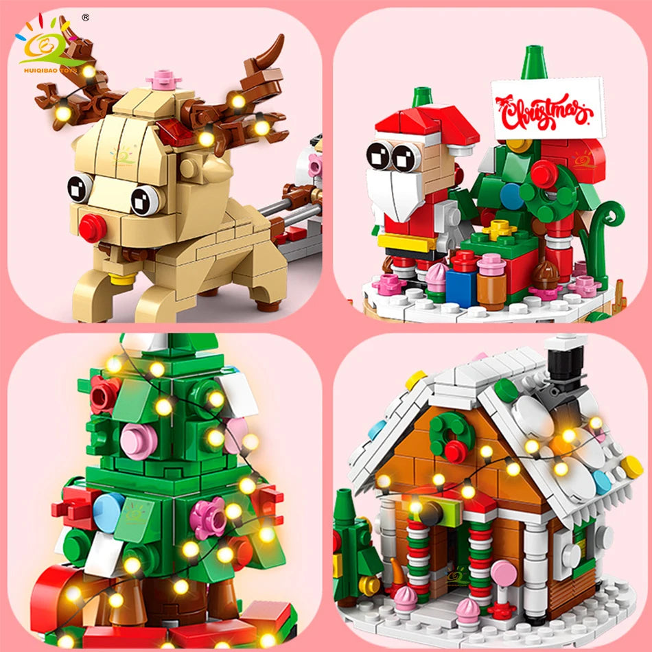 HUIQIBAO 6IN1 Christmas Elk Deer Santa Claus Building Blocks City Snow