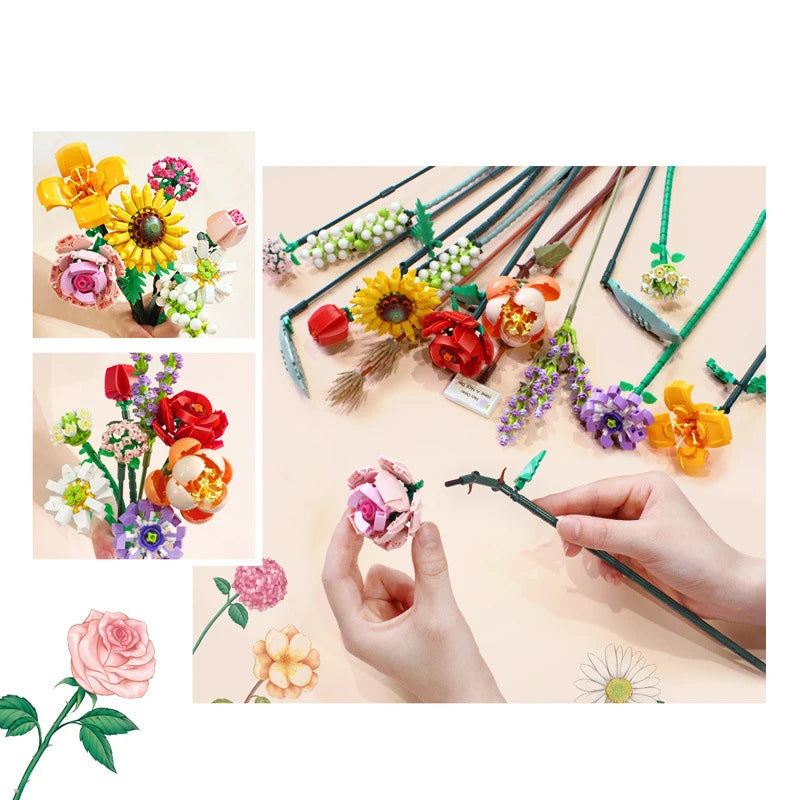 Flower Building blocks Bouquet Collage flower Puzzle toy Girl DIY