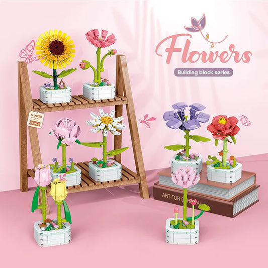 Bouquet Building Block Set Plant Potted Bricks Toys Sunflower Rose