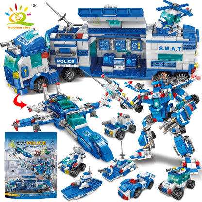 HUIQIBAO 700PCS 8in1 City Police Command Trucks Building Blocks